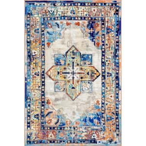 Abby Traditional Medallion Machine Washable Blue 6 ft. x 9 ft. Area Rug