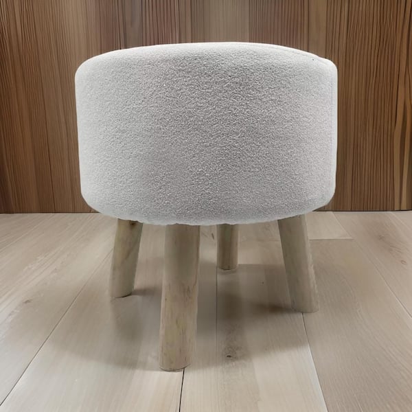 Benjara Ginni White and Natural Brown Wooden and Polyester Round Small (15.5 in. ) Ottoman (Set of 2)