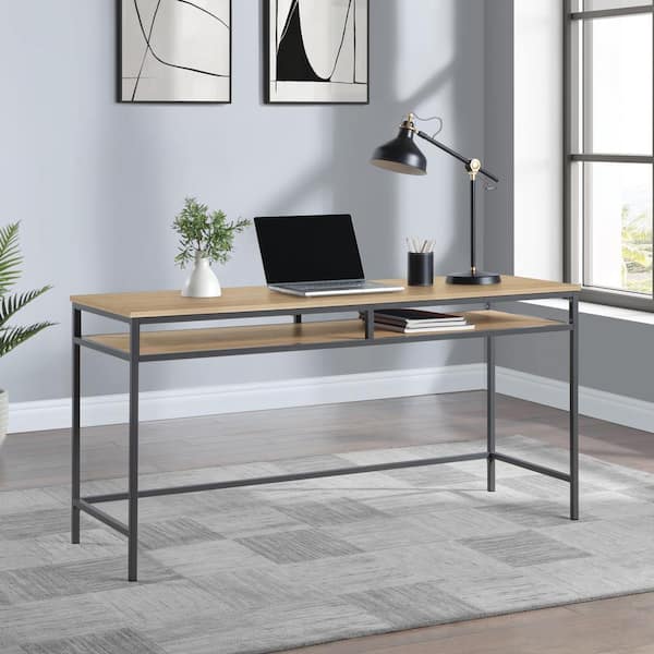 OSP Home Furnishings 59.50 in. L-Shaped Grey/Brown Computer Desk with Shelves