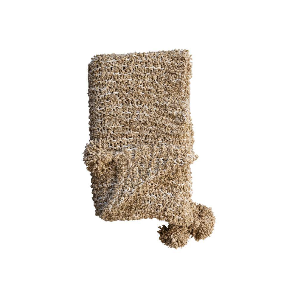 Tan Cotton Chunky Knit Throw Blanket with Tassels