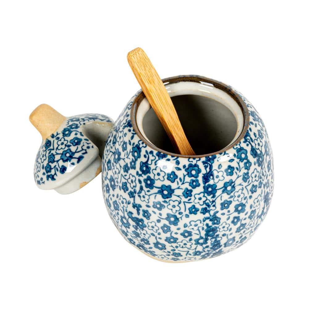 Hand-Painted Blue Floral Stoneware Sugar and Creamer Set