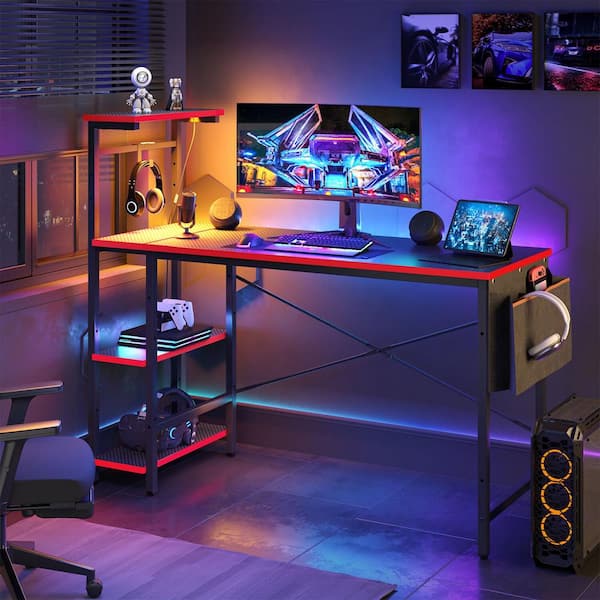 51 in. Computer Desk with LED Lights Gaming Desk, 4 Tier Shelves Black Carbon Fiber