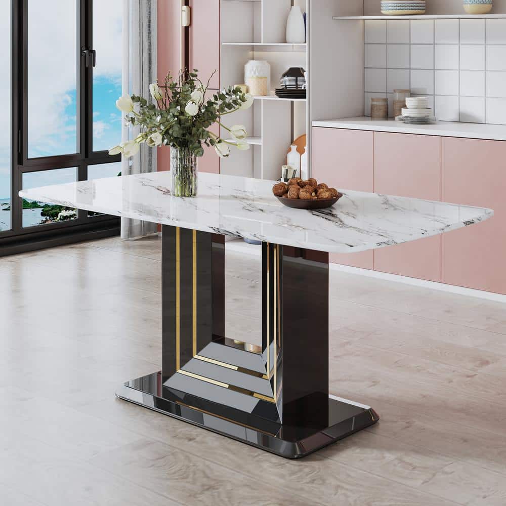 63 in. Modern Rectangular Kitchen Dining Table with White Grain Marble Top and U Shaped Pedestal Base