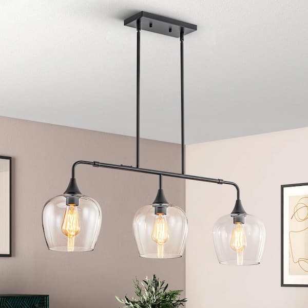 Rennnsan Toby Modern Stylish Matte Black 3-Light Kitchen Island Pendant with Apple-Shaped Glass Shades