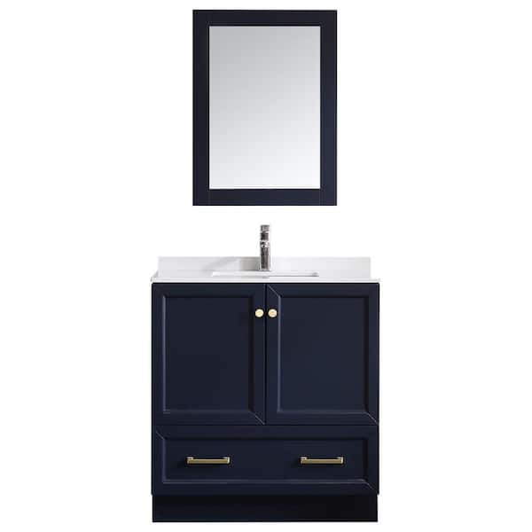 Wonline Wonline 31.5 in. W x 17.7 in. D x 33.5 in. H Single Sink Bathroom Vanity in Dark Blue with White Ceramic Top and Mirror
