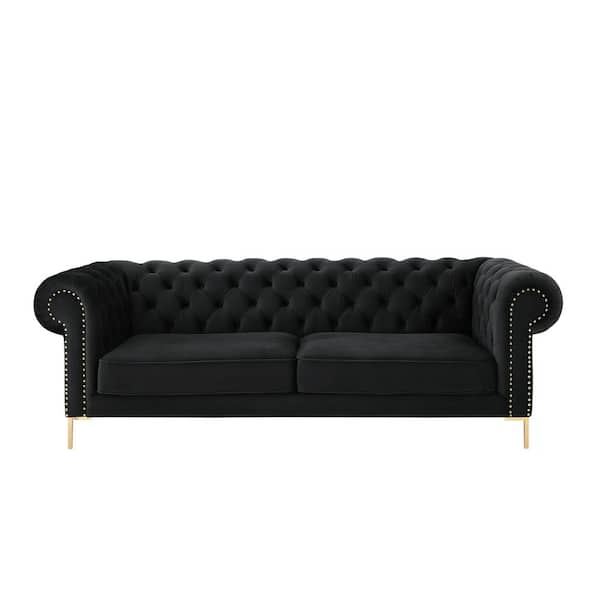 Inspired Home Journie Collection 38.5 in. Wide Flared Arms Velvet Upholstery Traditional Straight Shaped Button Tufted Sofa in Black