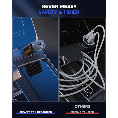 4-in-1 Retractable Car Dual Type C Cable USB C Port Car Charger