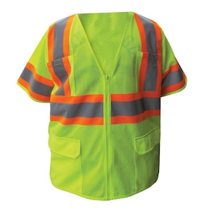 Size Extra-Large Lime ANSI Class 3 Poly Mesh Safety Vest with 4 in. Orange and 2 in. Silver Retro Reflective Striping