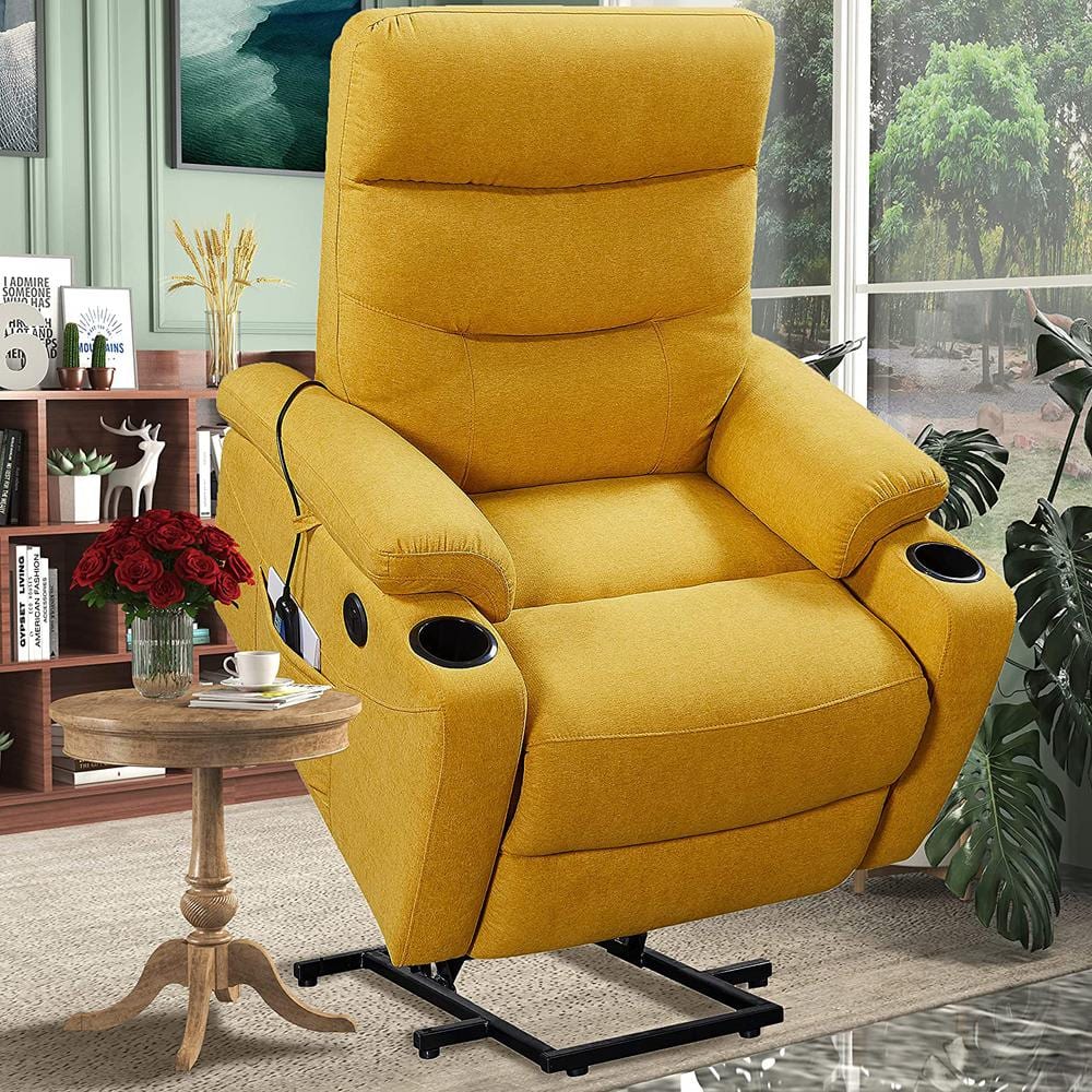 Yellow Fabric Rocker Massage Chair Electric Power Lift Recliner Chair with Heat, Cup Holders and Side Pockets