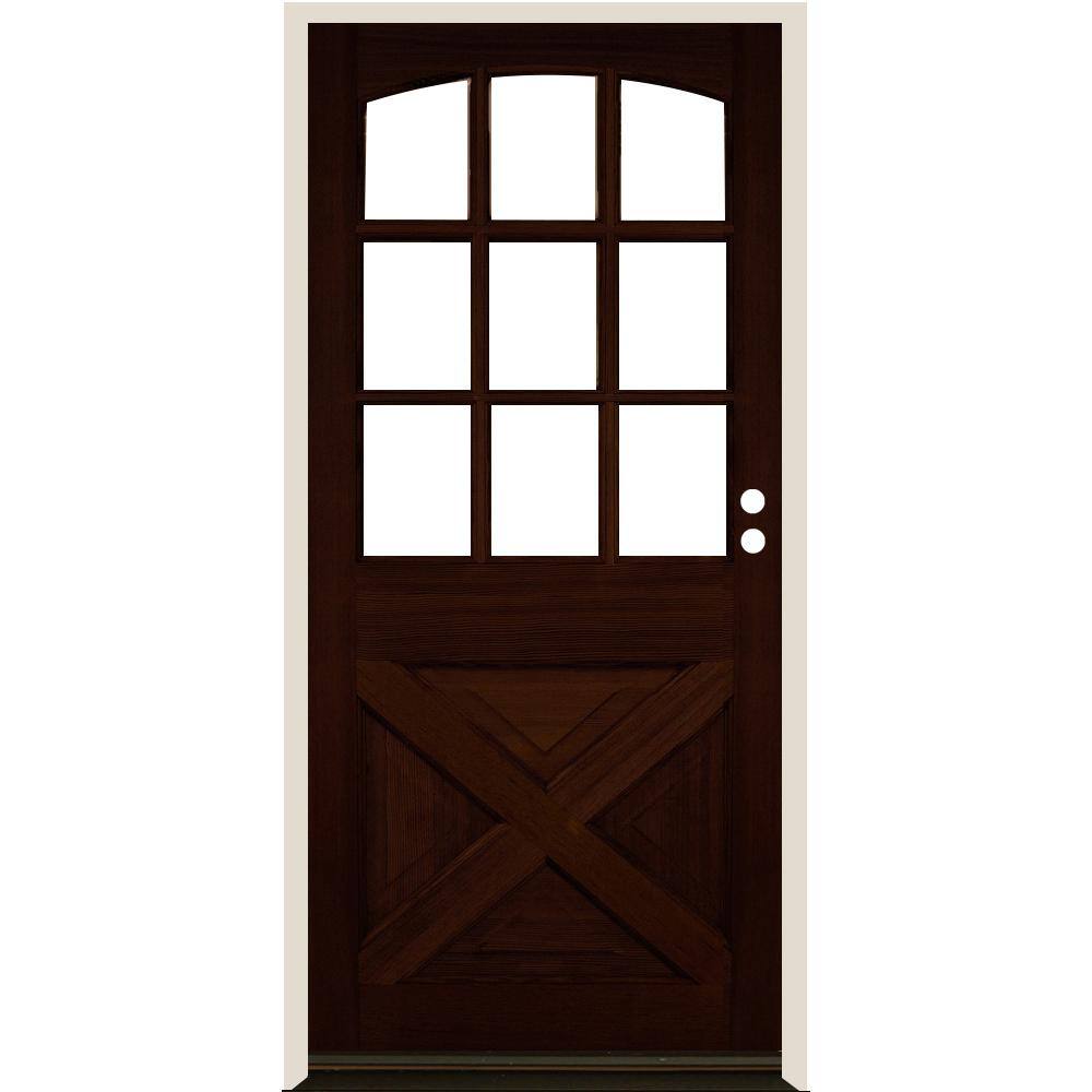 Krosswood Doors 36 in. x 80 in. Farmhouse X Panel LH 1/2 Lite Clear Glass Red Mahogany Stain