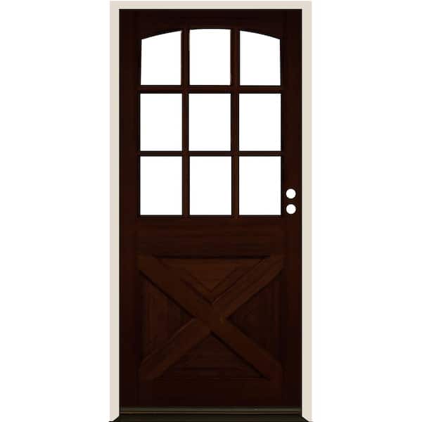 Krosswood Doors 36 in. x 80 in. Farmhouse X Panel LH 1/2 Lite Clear Glass Red Mahogany Stain Hemlock Prehung Front Door