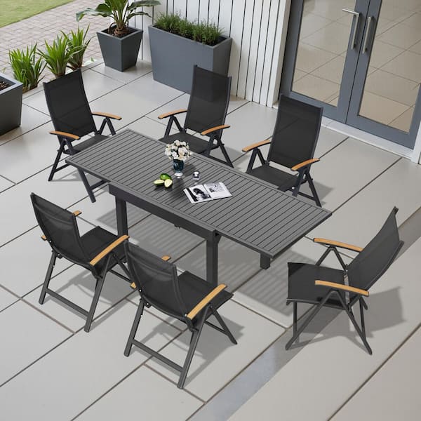 Black 7-Piece Aluminum Outdoor Dining Set with Expandable Rectangle 82.7 in. Table and Folding Reclining Chairs