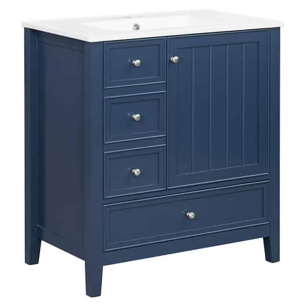30 in. W Blue Freestanding Bath Vanity with White Ceramic Top Sink,Three Drawers