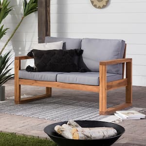Brown Acacia Wood Outdoor Loveseat with Grey Cushions