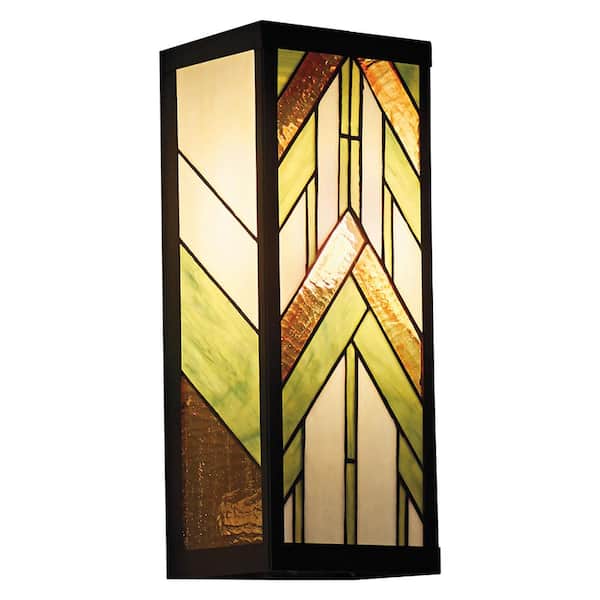 River of Goods Mission 1-Light Black Satin Outdoor Stained Glass Wall Lantern Sconce