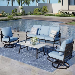Metal 5 Seat 4-Piece Steel Outdoor Patio Conversation Set With Swivel Chairs, Blue Cushions, Marble Pattern Table