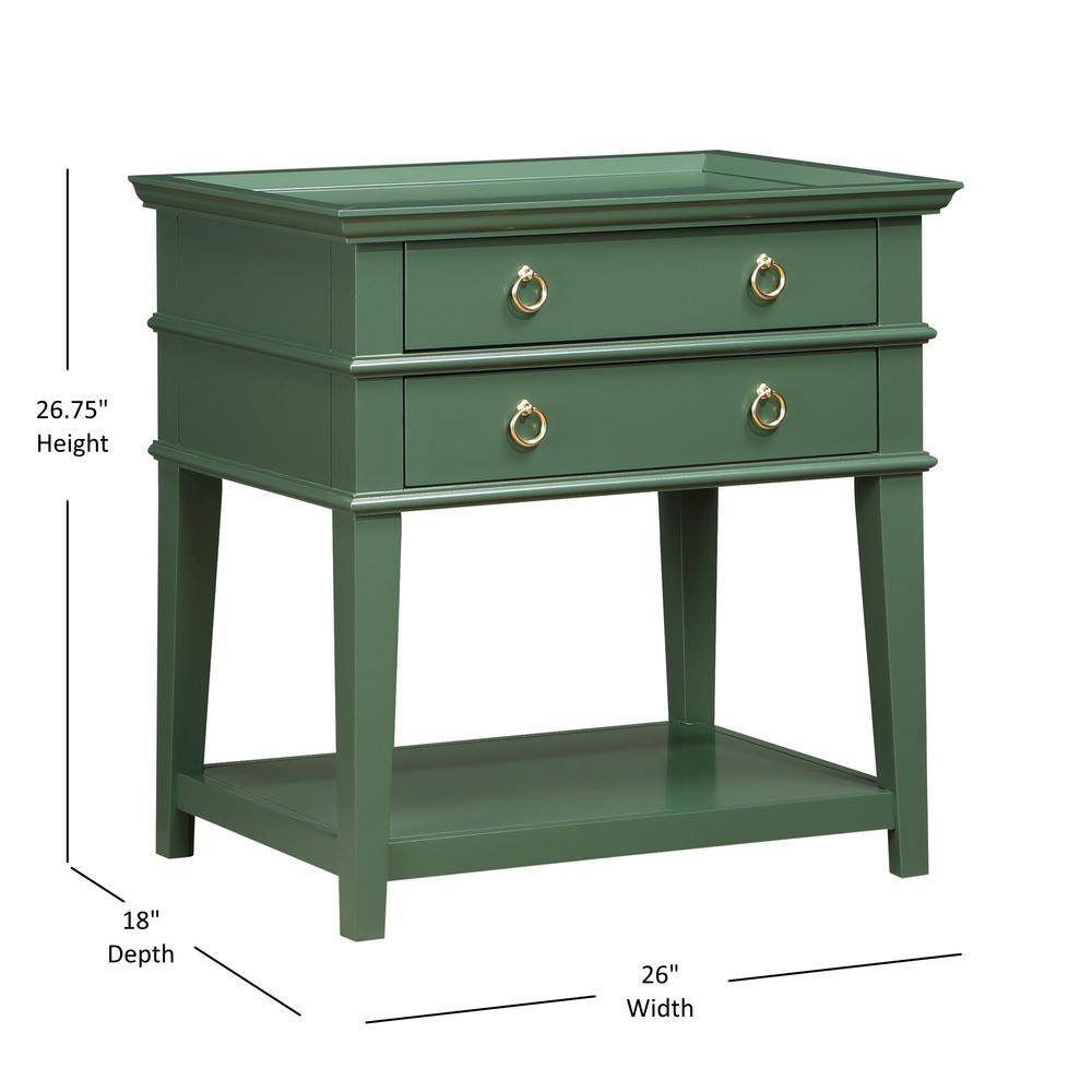 Clara Vintage Green Wood 2-Drawer Tray Top Nightstand