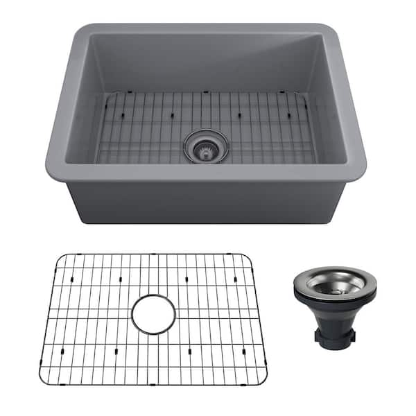 Dimakai 27 in. Undermount Single Bowl Matte Gray Fireclay Kitchen Sink with Drain Grid and Drain Assembly