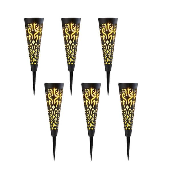 6-Piece Black Plastic Solar Lights with Moon Star Patterns, Waterproof Conical Garden Stakes for Yard Lawn Pathway