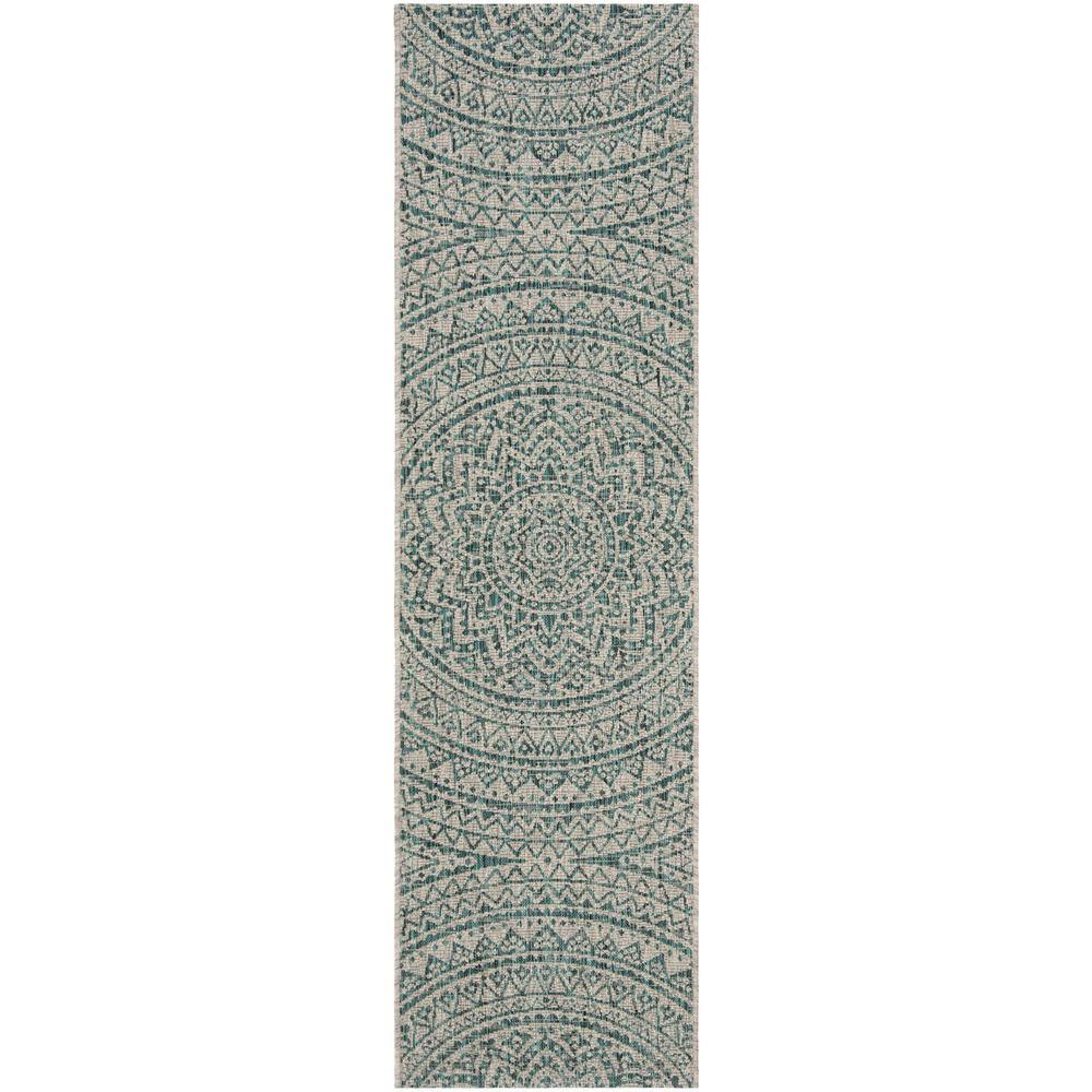 Courtyard Light Gray/Teal 2 ft. x 10 ft. Medallion Indoor/Outdoor Patio  Runner Rug price history on PriceWatchPro