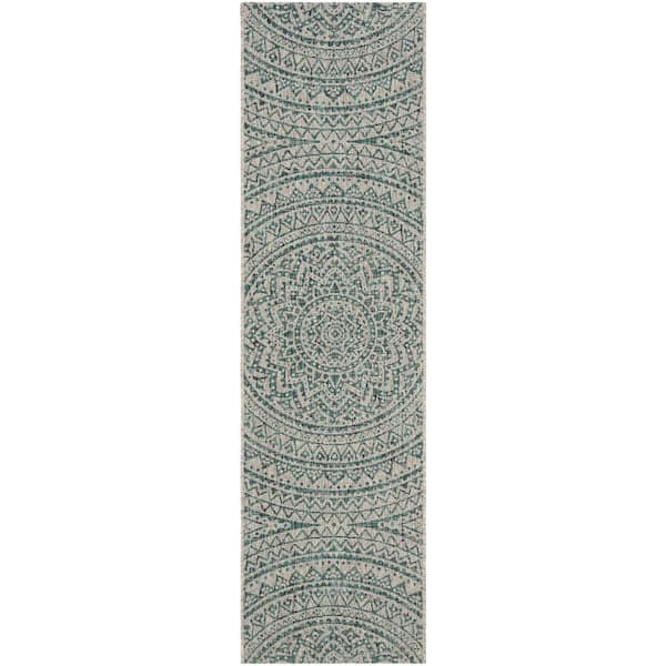 Courtyard Light Gray/Teal 2 ft. x 16 ft. Medallion Indoor/Outdoor Runner Rug