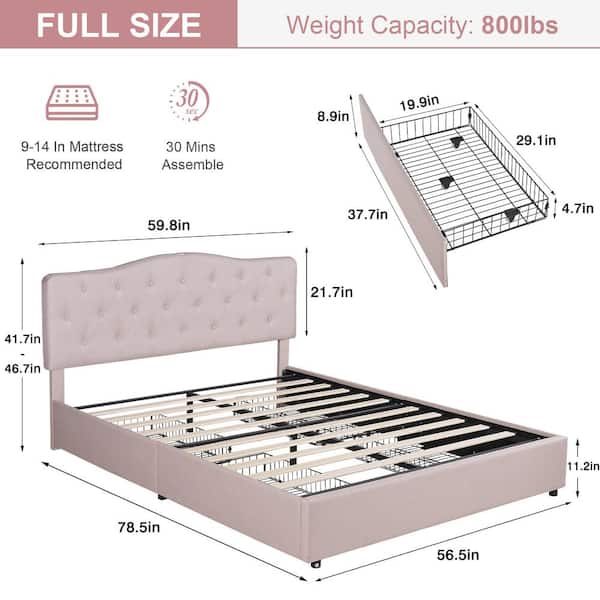Storage Upholstered Bed Tufted Linen Headboard, USB Charging Platform Bed, 4 Under-Bed Drawers Beige Full Bed Frame