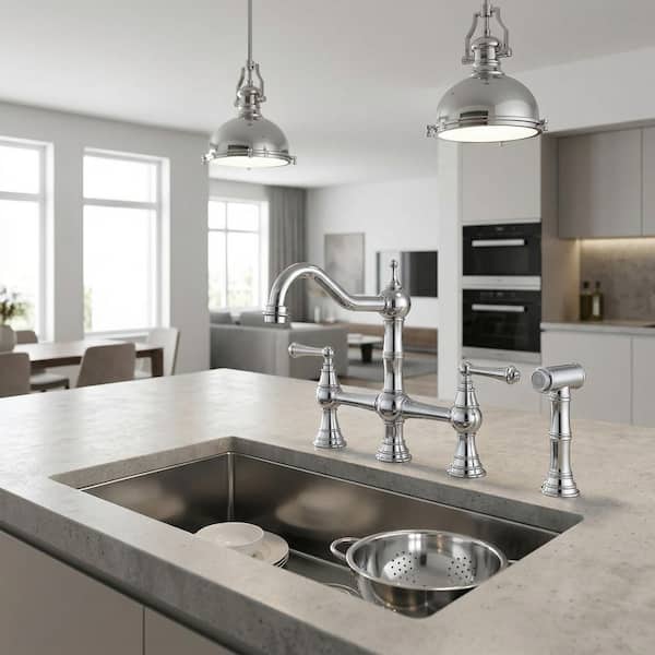 Vintage Double Handle Bridge Kitchen Faucet with Side Sprayer in Polished Chrome