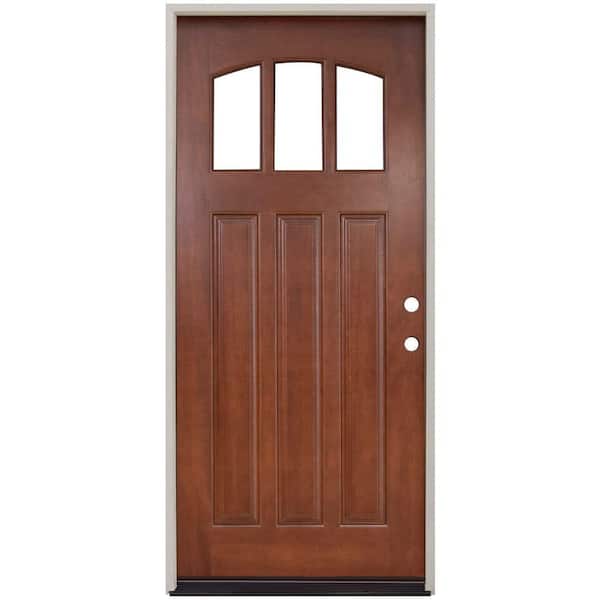 Steves & Sons 36 in. x 80 in. Craftsman 3 Lite Arch Stained Mahogany Wood Prehung Front Door