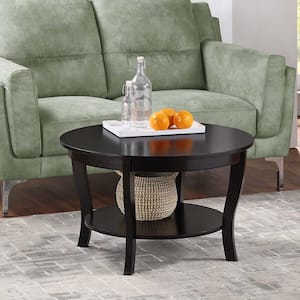 American Heritage 30 in. Black Round Wood Top Coffee Table with Shelf