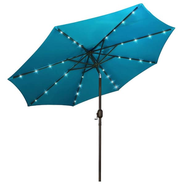 Unbranded 9 ft. Iron Market Solar 32 LED Lighted Push-Button Tilt Patio Umbrella in Cerulean