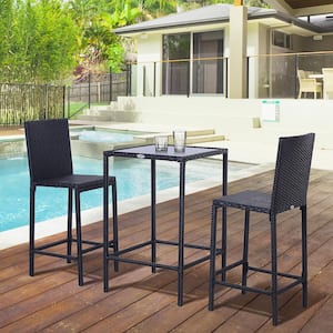 Black 3-Piece Metal Outdoor Bistro Set, Bar Set with Glass Top Table, 2-Bar Stools