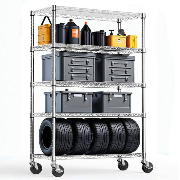 thumbnail image 2 of SEGAWE 5-Tier Wire Storage Rack – 63-Inch Tall, Steel Shelving Unit With Wheels – Kitchen, Office, Pantry 2 of 6