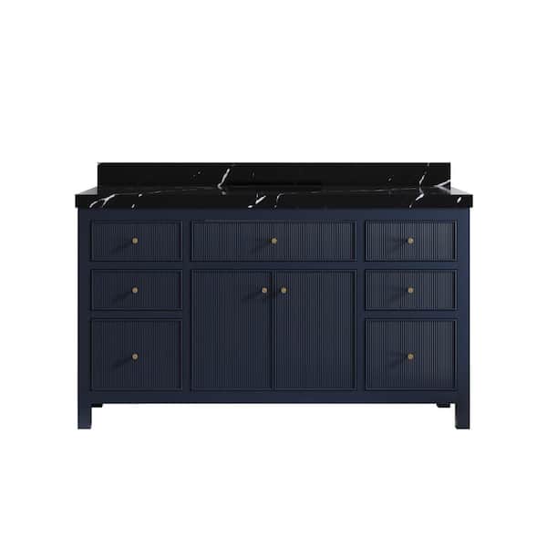 Willow Collections Sonoma 60 in. Single Sink Freestanding Navy Blue Bath Vanity with Calacatta Black Quartz Top Unassembled