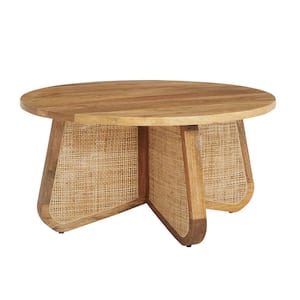 Lisbon 34 in. Round Cane Rattan & Mango Wood Coffee Table