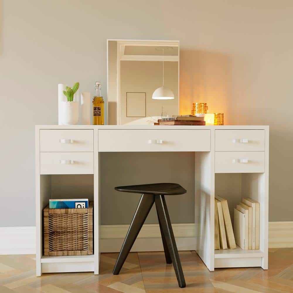 Christina Modern White Vanity Desk with Mirrored Center & Storage