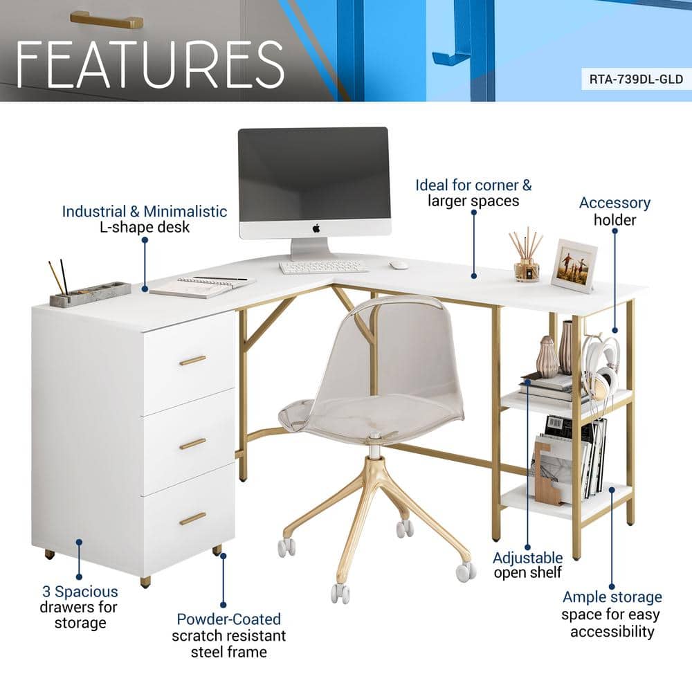 Gold and White L-Shaped Computer Desk with Drawers