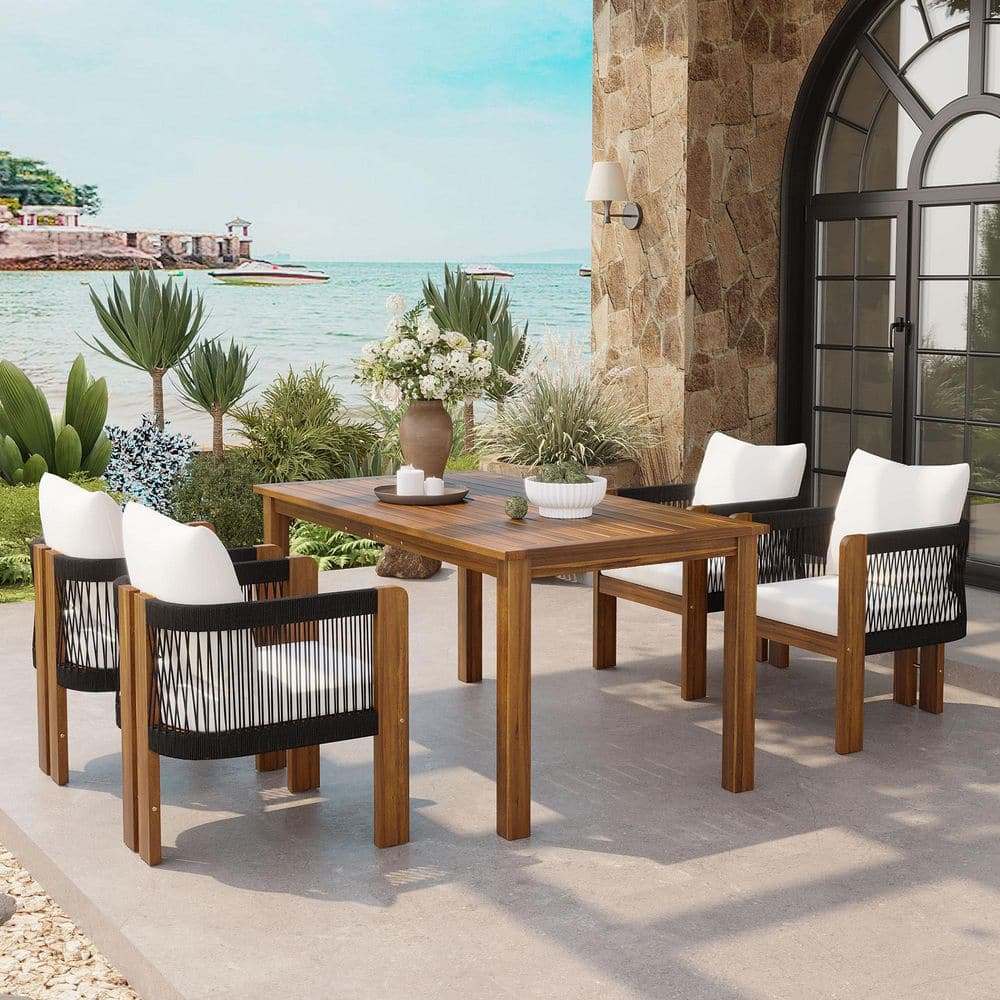 Willowdale Patio 5-Piece Rectangle Brown Solid Wood and Black Rope Woven Outdoor Dining Set with Beige Cushions price history on PriceWatchPro