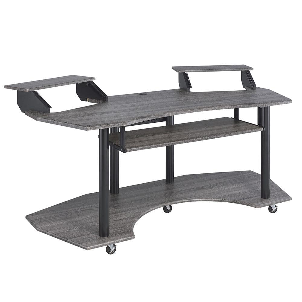 Eleazar Black Oak Studio Desk with Keyboard Tray and Speaker Stands