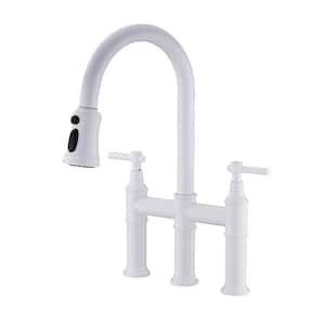 Double Handle 3 Holes Bridge Kitchen Faucet 1.8 GPM 8.66 in. Spout Reach with Pull-Down Sprayhead in Spot in White