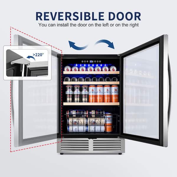 24 in. Single Zone 220 Plus Cans Beverage Refrigerator in Silver with 2-Different Door Handle Built-in Beverage Cooler