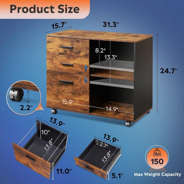 Ahfiwaso 3 Drawer Wood Lateral File Cabinet Printer Stand with