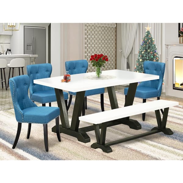East West Furniture 6-Piece Rectangle Natural Oak Finish Solid Wood Top Dining Table with 1-Bench, 4 Upholstered-Chairs with Lattice Back