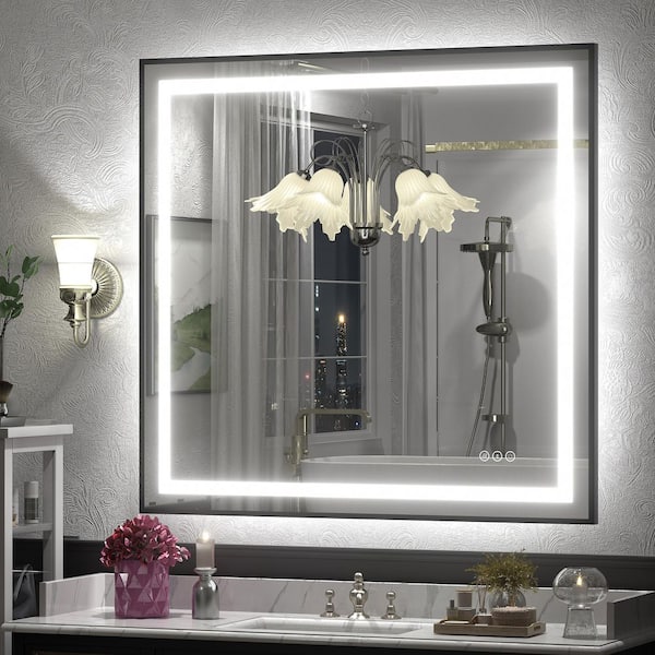40 in. W x 38 in. H Rectangular Framed Front and Back LED Lighted Anti-Fog Wall Bathroom Vanity Mirror in Tempered Glass