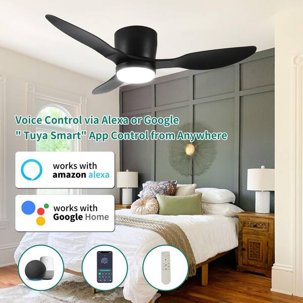 42 Inch Black Ceiling Fan With Light & Remote - Low Profile Flush Mount DC Motor
