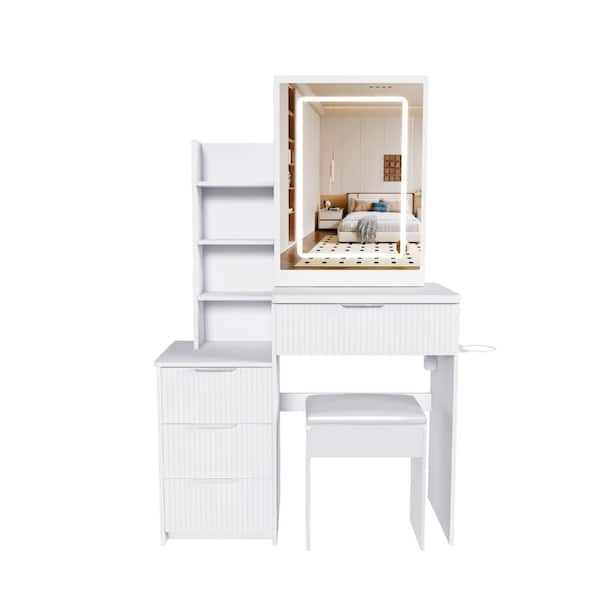 2-Piece White Vanity Table Set with LED Mirror, 4 Drawers & Power Outlet durable construction
