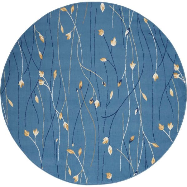 Nourison Grafix Light Blue 5 ft. x 5 ft. Floral Contemporary Round Rug
