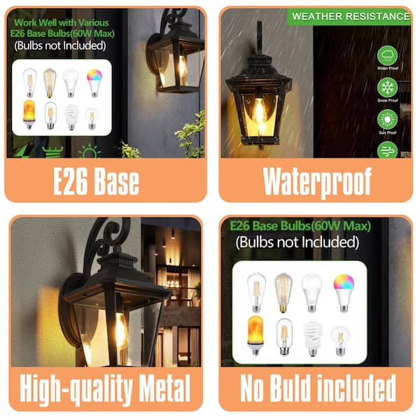 2-Pack Black Outdoor Wall Lanterns,Waterproof Wall Sconce with Clear Glass Panels,Vintage Exterior Light Fixture,No Bulb