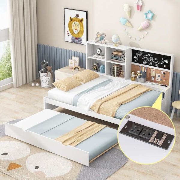 Harper & Bright Designs White Full Size Daybed with Twin Size Trundle, Storage Shelves, Blackboard and USB Ports
