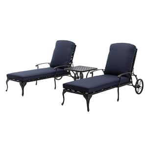 Antique Bronze 3-Piece Aluminum Adjustable Reclining Outdoor Chaise Lounge with Navy Blue Cushions