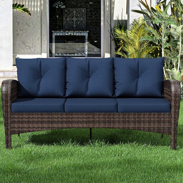 JOYSIDE 3-Seat Brown Wicker Outdoor Couch Patio Sofa with Deep Seating and Thick Blue Cushions